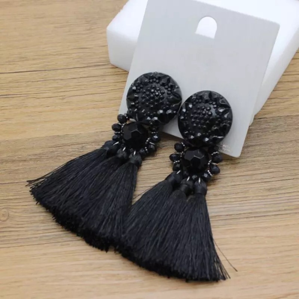 Ethnic Boho Tassel Black Earrings